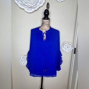 NTM: Gibson Latimer Ruffled Sheer Overlay Bell Sleeves Royal Blue Blouse Size M